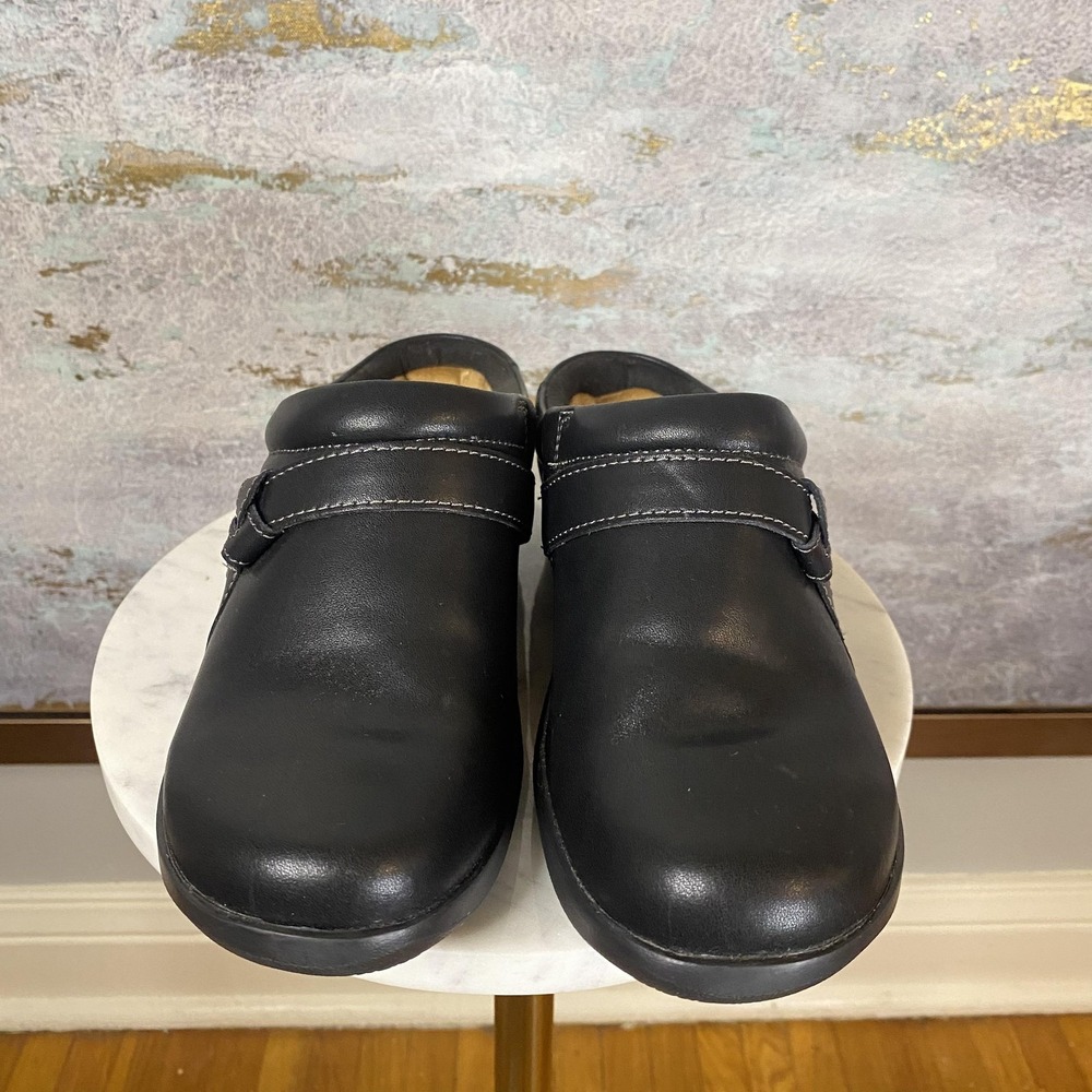 Clarks Collection Clog Shoes Womens Size 7 Wide Black Leather Slip On Comfort - Picture 3 of 9